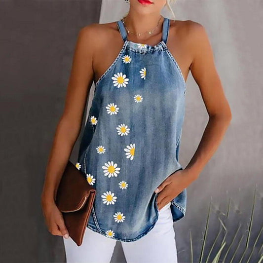 Women's Denim Chrysanthemum Print Bandage Sleeveless Sling apparel & accessories