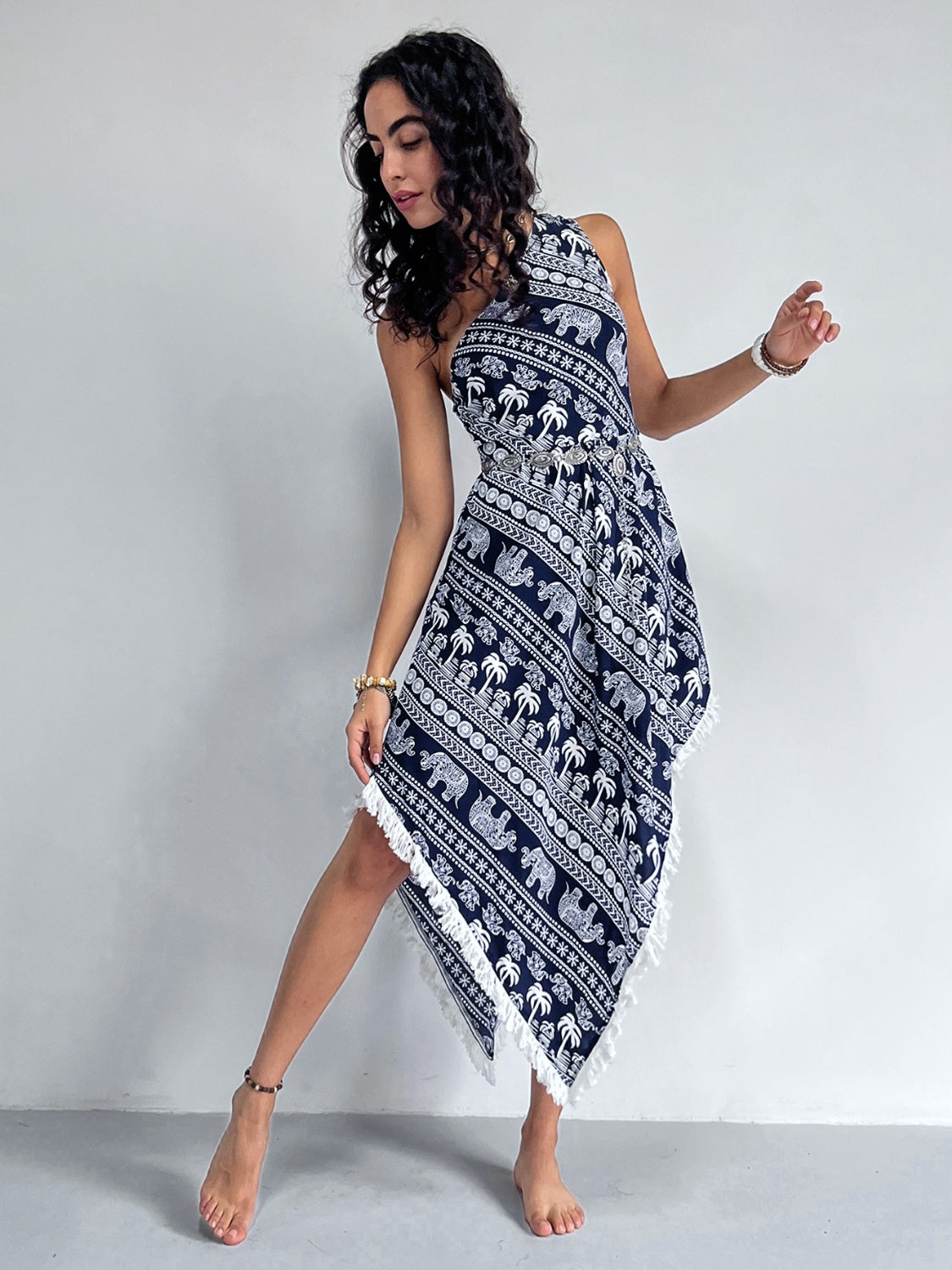 Fringe Printed Single Shoulder Dress Dresses & Tops