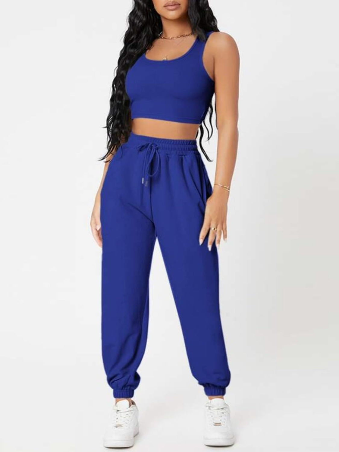 Wide Strap Top and Drawstring Joggers Set Bottom wear