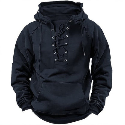 Retro Lace-up Hooded Long-sleeved T-shirt men's clothing