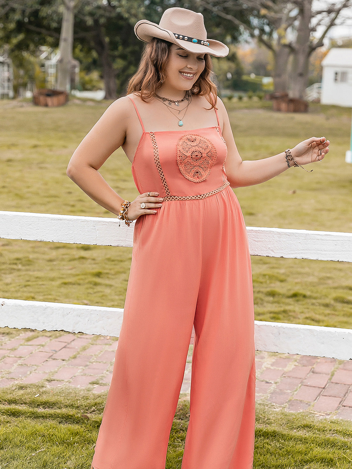 Plus Size Lace Detail Spaghetti Strap Wide Leg Jumpsuit Dresses & Tops