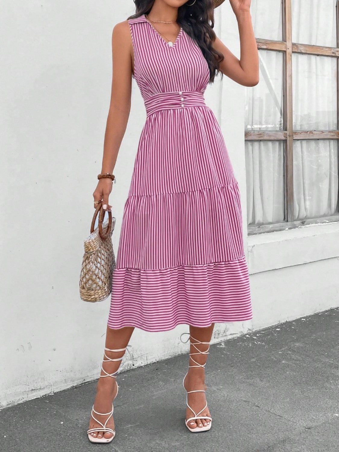 Striped Johnny Collar Sleeveless Midi Dress Dresses & Tops