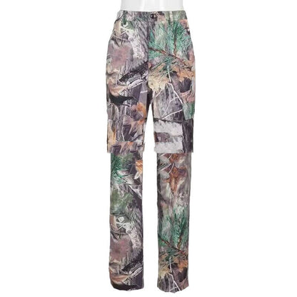 Loose Casual Workwear Pants With Leaf Print Pockets apparel & accessories