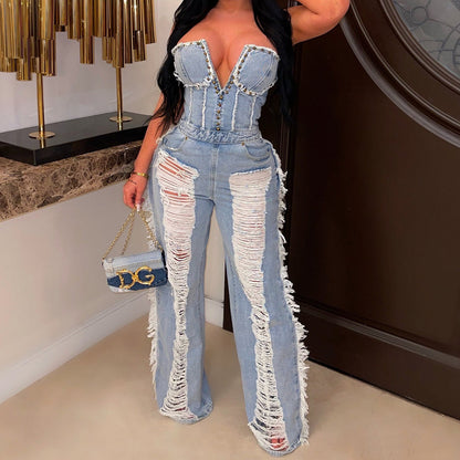 Women's Tassel Hole Rhinestone Washing Water Denim Jumpsuit apparel & accessories