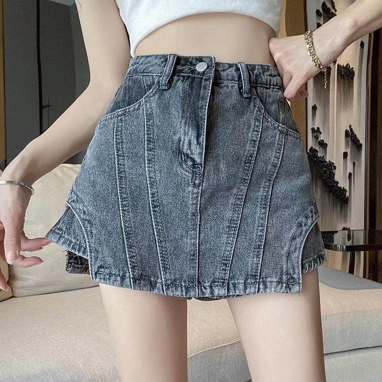 Irregular Stitching Retro High Waisted Denim Skirt apparel & accessories