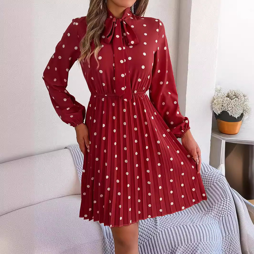 Women's Polka-dot Self-tie Waist-controlled Long Sleeves Pleated Skirt apparels & accessories