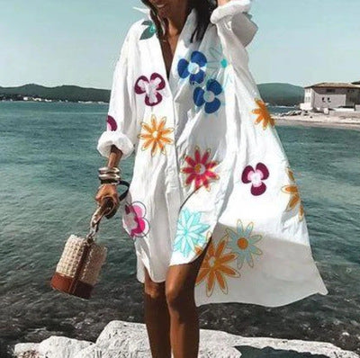 Multi-color Loose Long-sleeved Printed Skirt Shirt Dress apparel & accessories