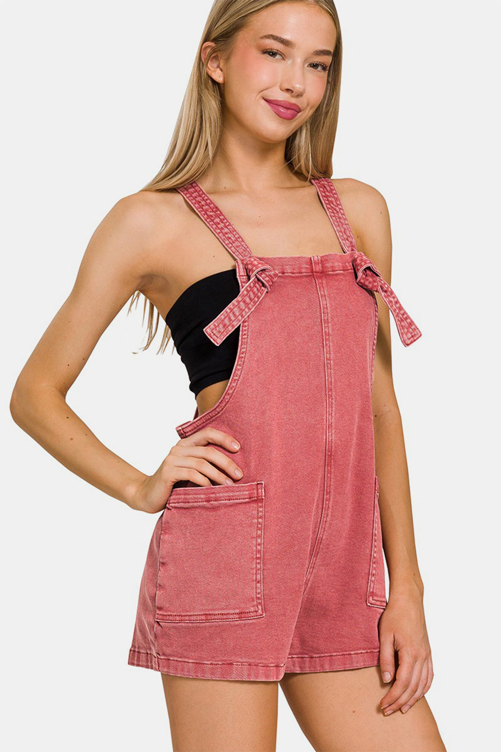 Zenana Washed Knot Strap Rompers Bottom wear