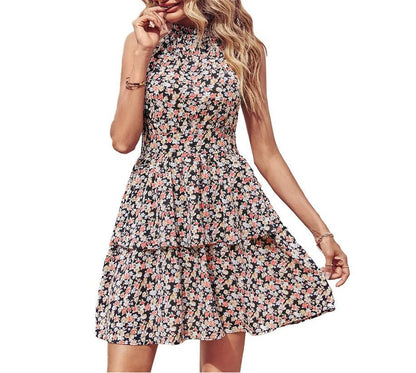 Summer Printed Halter Dress Fashion Backless Ruffled A-Line Beach Dresses For Womens Clothing apparels & accessories