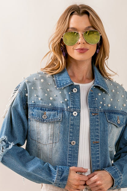 BiBi Pearl Detail Distressed Cropped Denim Jacket Dresses & Tops