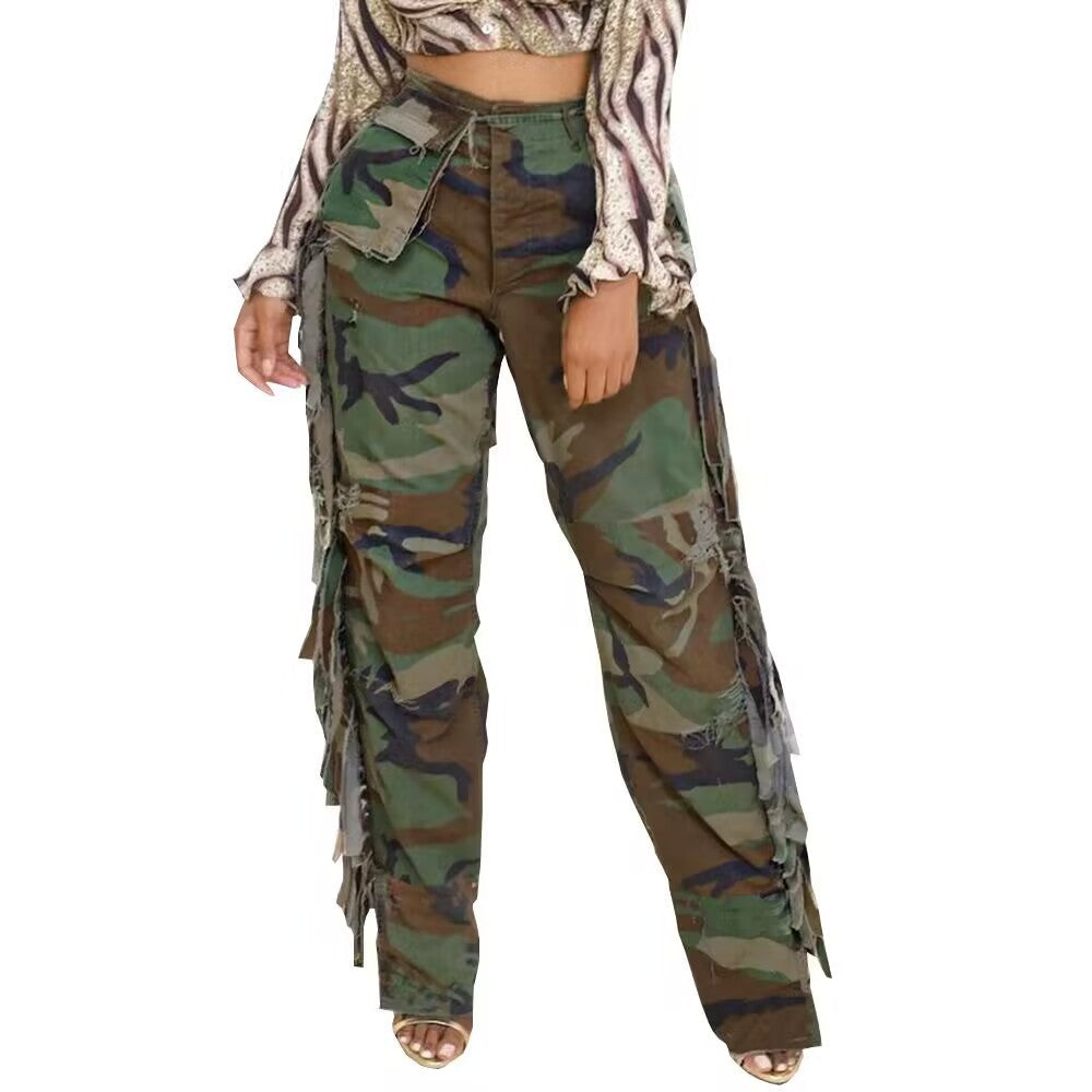 Women's Fashion Camouflage On Side Tassel Large Pocket Button Trousers apparel & accessories