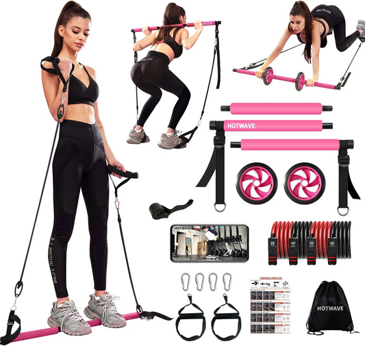 Pilates Bar Kit With Resistance Bands. Fitness Bar With Ab Roller 5