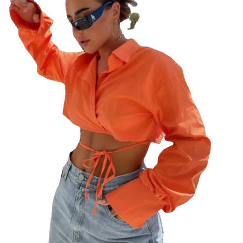 Women's Solid Color Cropped Cross Tie Long Sleeve Shirt apparels & accessories