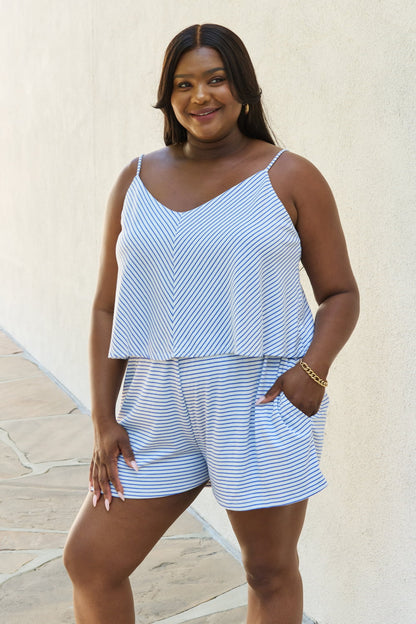 Culture Code Let It Happen Full Size Double Flare Striped Romper in Cobalt Blue Bottom wear