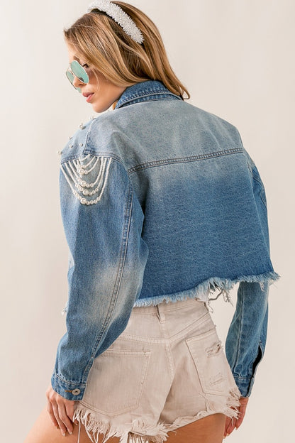 BiBi Pearl Detail Distressed Cropped Denim Jacket Dresses & Tops