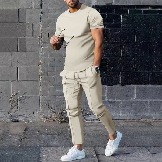 Solid Color Casual Round Neck Short Sleeves T-shirt Trousers Two-piece Set apparel & accessories