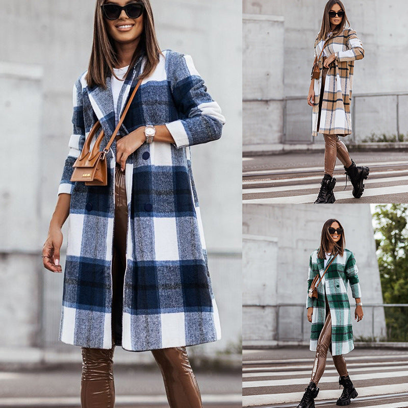 Fashion Brushed Mid-length Plaid Wool Coat apparels & accessories