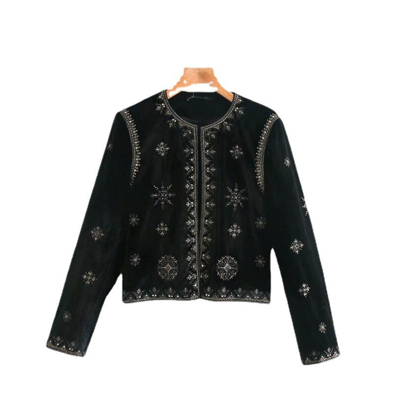 Black Printed Round Neck Long Sleeve Ladies Jacket apparels & accessories