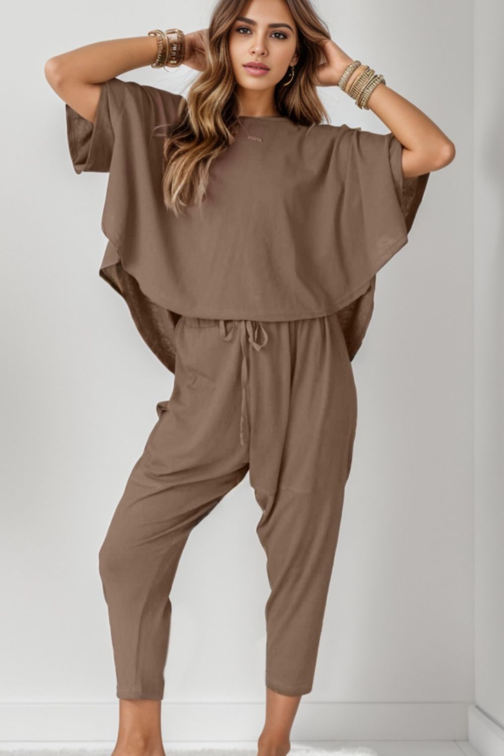 Round Neck Dropped Shoulder Top and Pants Set apparel & accessories