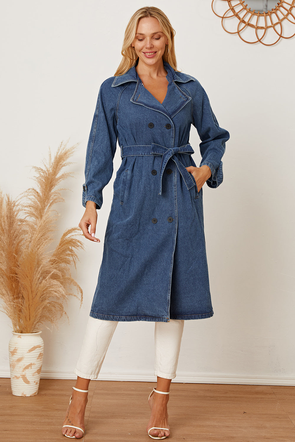 Double-Breasted Belted Longline Denim Jacket Dresses & Tops