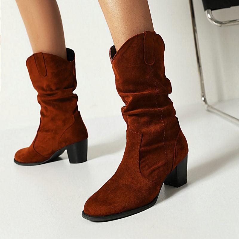 Chunky Heel Frosted Mid-calf Boots For Women Shoes & Bags