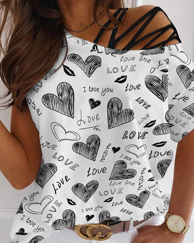 Women's Love Print Round Neck Off Shoulder Irregular Short Sleeve T-Shirt apparel & accessories