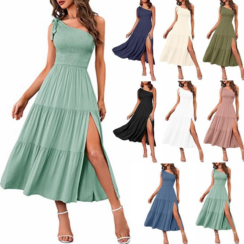 Summer Fashion Women's One-shoulder Pleated Layered Hem Split Dress apparels & accessories