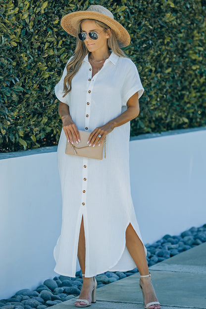 Textured Button Down Slit Shirt Dress apparel & accessories