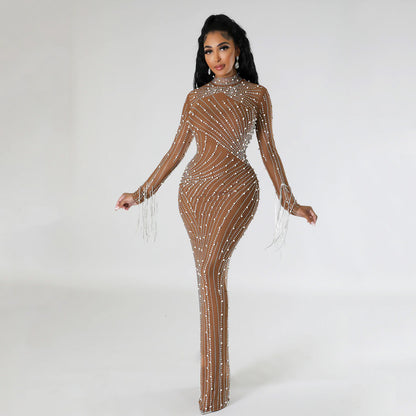 Women's Mesh Rhinestone Long Dress apparel & accessories