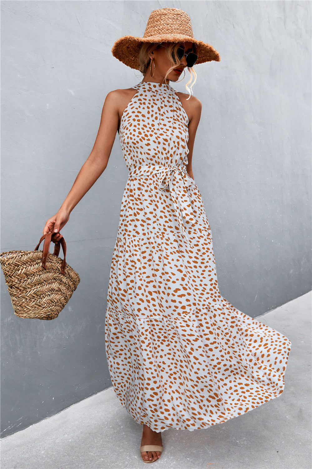 Printed Sleeveless Tie Waist Maxi Dress apparel & accessories