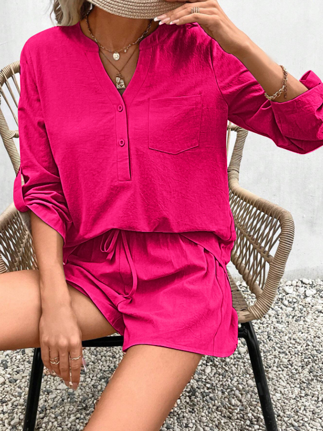 Notched Long Sleeve Top and Shorts Set apparel & accessories