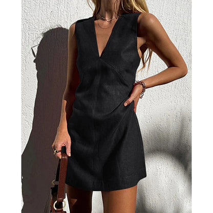 V-neck Cotton And Linen Sleeveless Dress Women's Solid Color Vest Short Skirt apparel & accessories