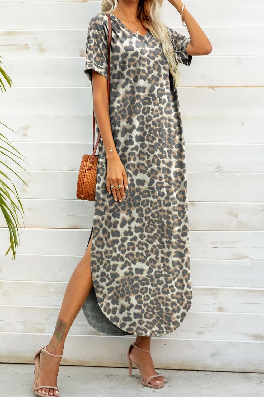 Printed V-Neck Curved Hem Dress apparel & accessories