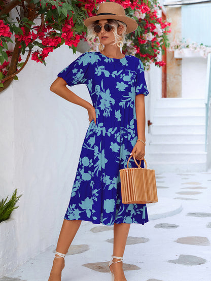 Floral Puff Sleeve Ruffle Hem Midi Dress apparel & accessories