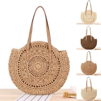 Simple Round Shoulder Bag Straw Handbag Summer Beach Bags apparel & accessories