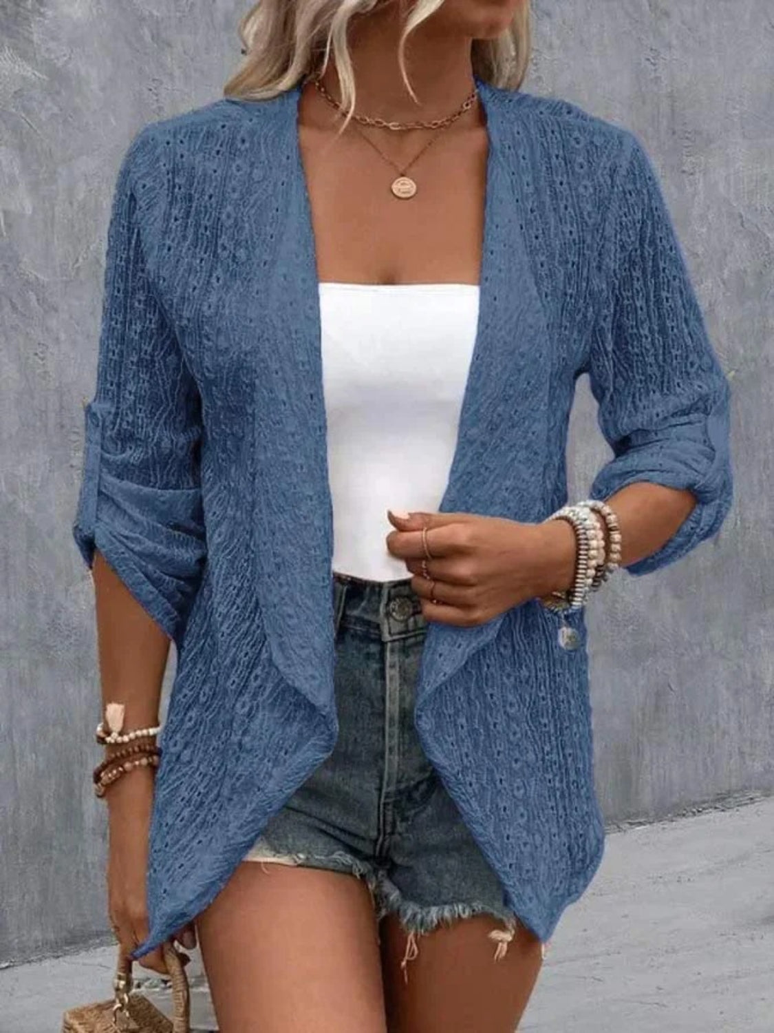 Eyelet Roll-Tab Sleeve Cardigan apparel & accessories