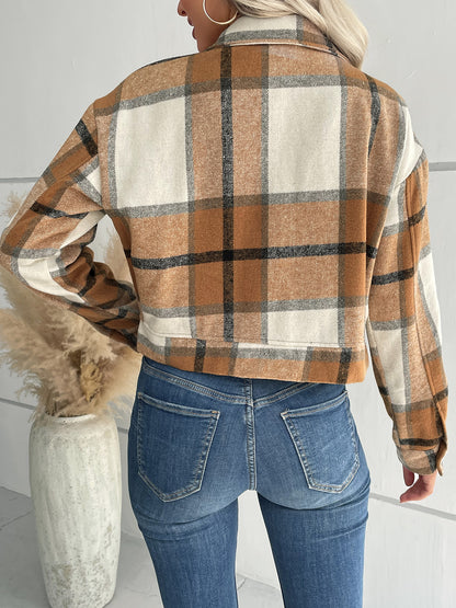 Plaid Button Up Drop Shoulder Cropped Jacket Dresses & Tops