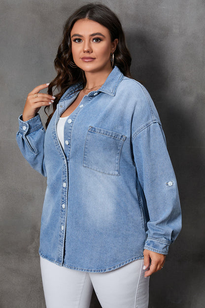 Plus Size Button Up Pocketed Denim Top Dresses & Tops