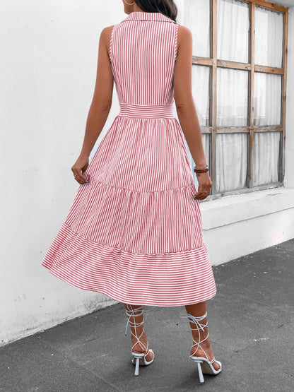 Striped Johnny Collar Sleeveless Midi Dress Dresses & Tops