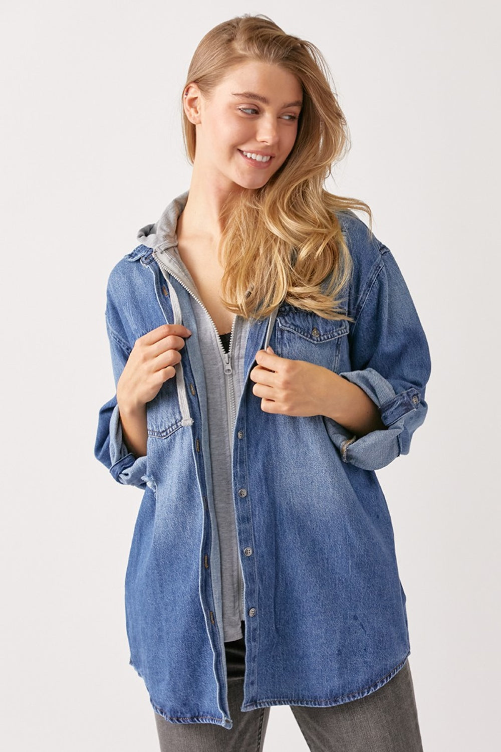 RISEN Zip Up Hooded Denim Shirt Dresses & Tops