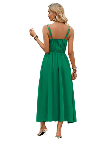 Solid Color Suspender Long Dress Spring And Summer Bow Waist Tie Design Dress Womens Clothing apparel & accessories