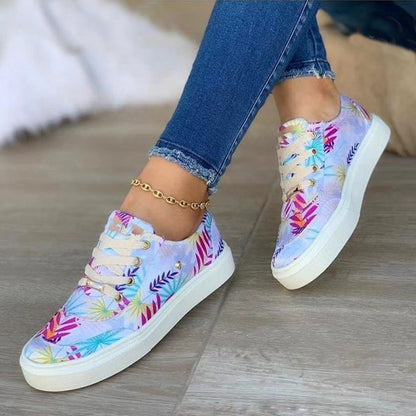 Canvas Shoes For Women Lace-Up Flats Leaves Print Shoes & Bags