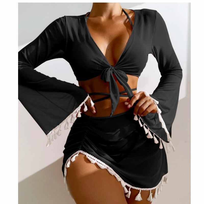 4pcs Solid Color Bikini With Short Skirt And Long Sleeve Cover-up Fashion Bow Tie Fringed Swimsuit Set Summer Beach Womens Clothing apparel & accessories