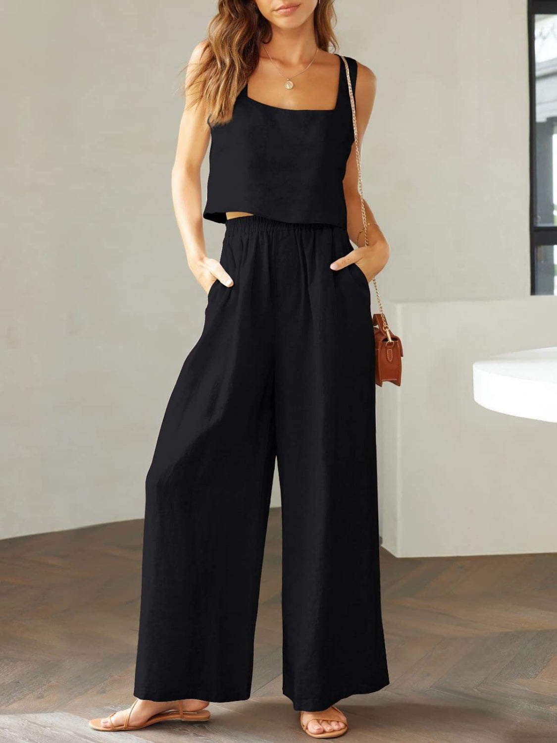 Square Neck Top and Wide Leg Pants Set apparel & accessories