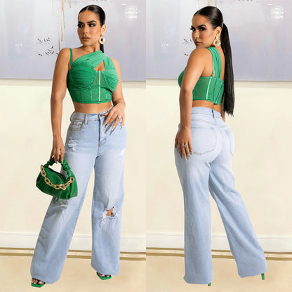 Women's Mesh See-Through Cropped Slanted Shoulder Top apparels & accessories