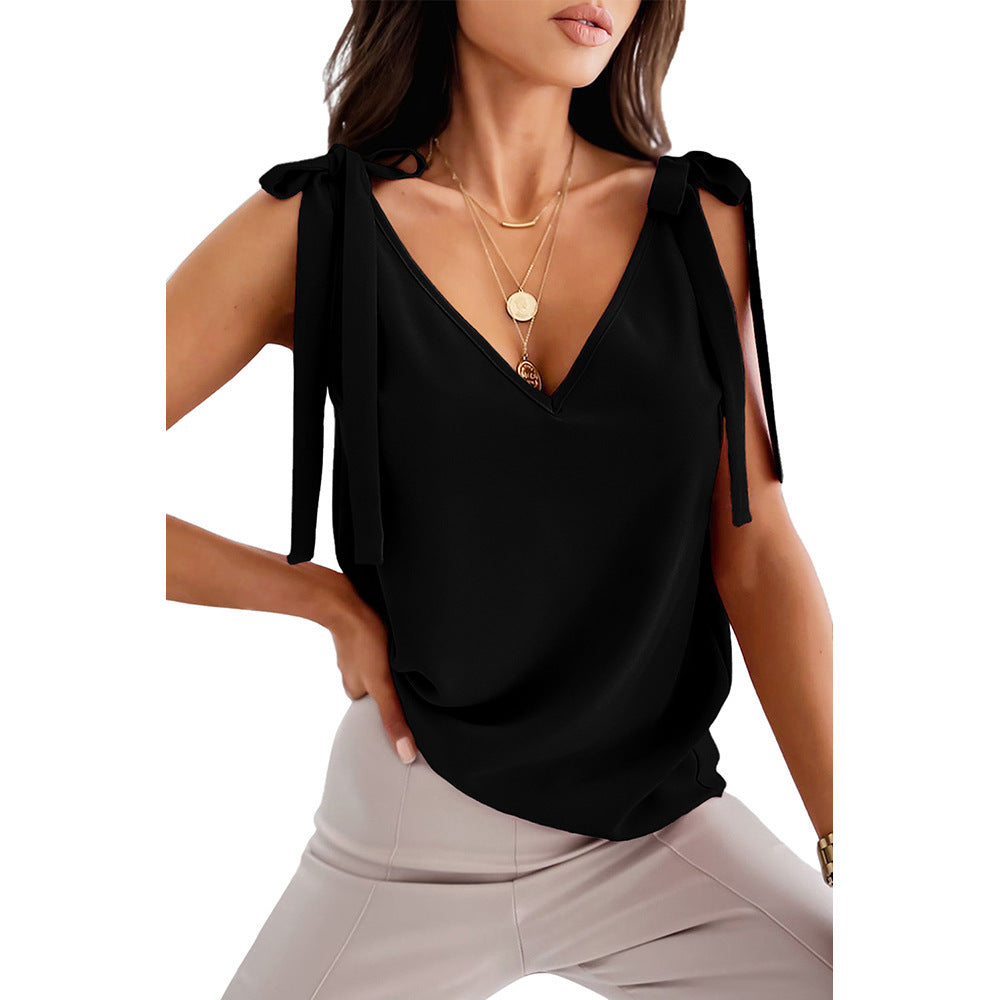 Bowknot Tie Up Camisole V-neck Shirts Women Summer Sleeveless Tank Tops apparel & accessories