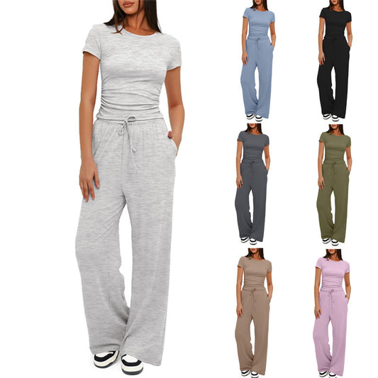 Solid Color Casual Sports Suit Short-sleeved Top And High-waisted Drawstring Wide-leg Pants Summer Fashion Set apparel & accessories