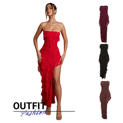 2024 Summer Trend Skinny Women's Fashion Tube Top Backless Split Tassel Dress Birthday Party Clubwear apparel & accessories