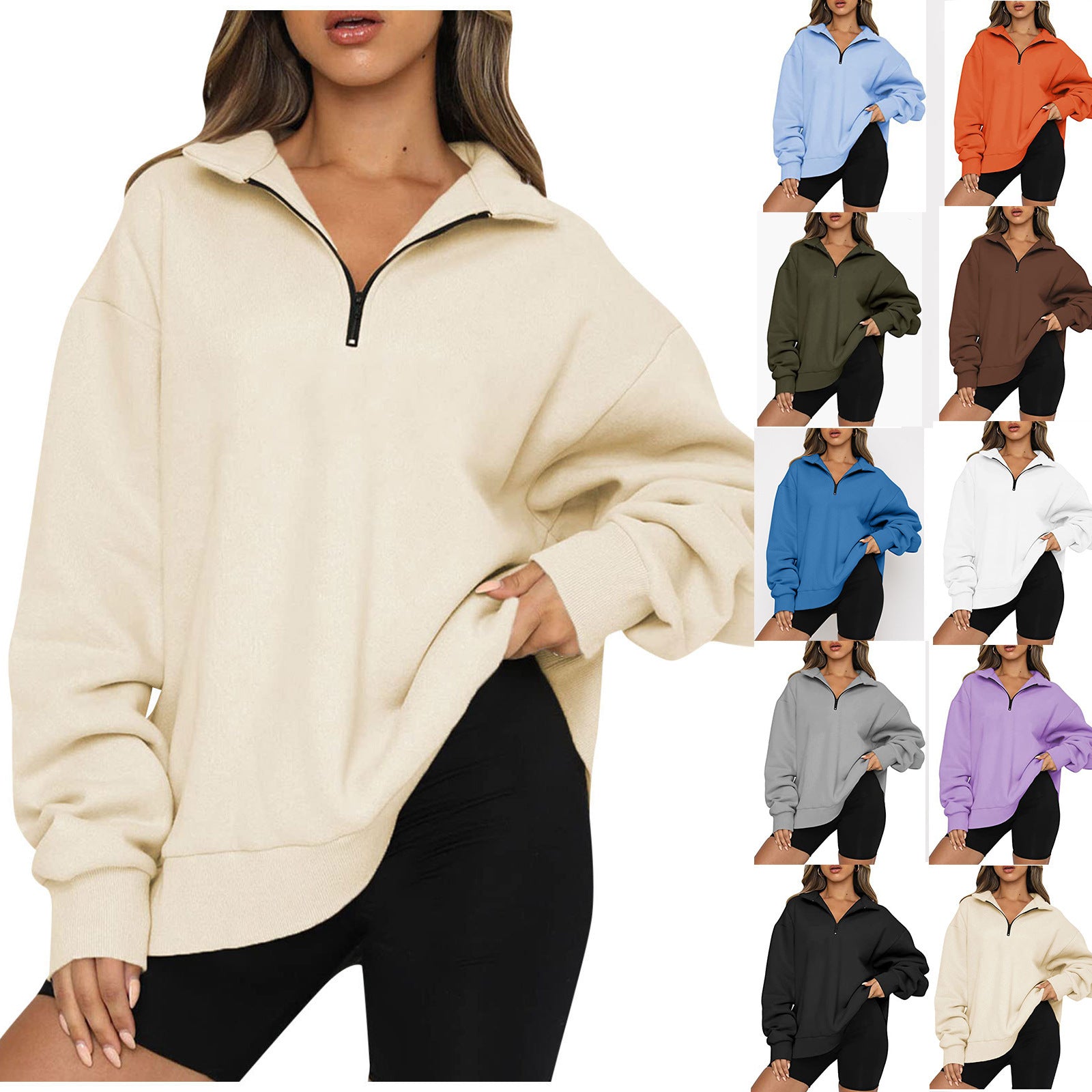 Women Sweatshirts Zip Turndown Collar Loose Casual Tops apparels & accessories