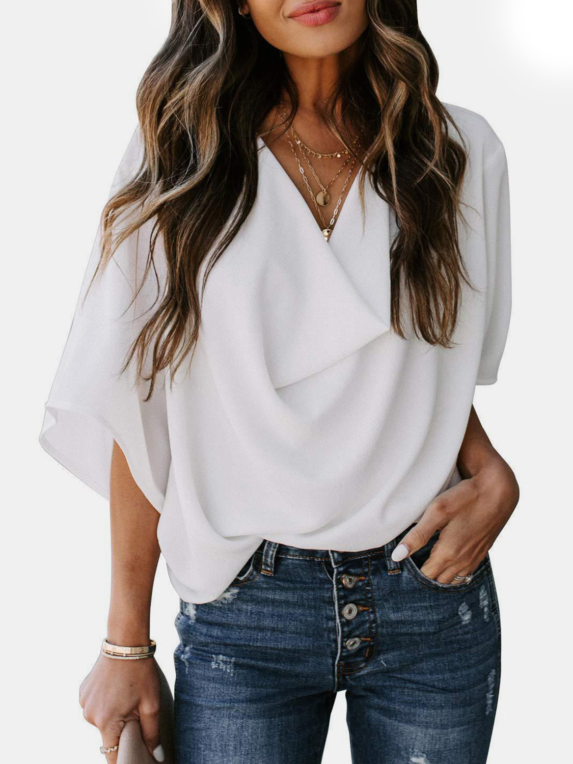 Cowl Neck Three-Quarter Sleeve Blouse apparel & accessories